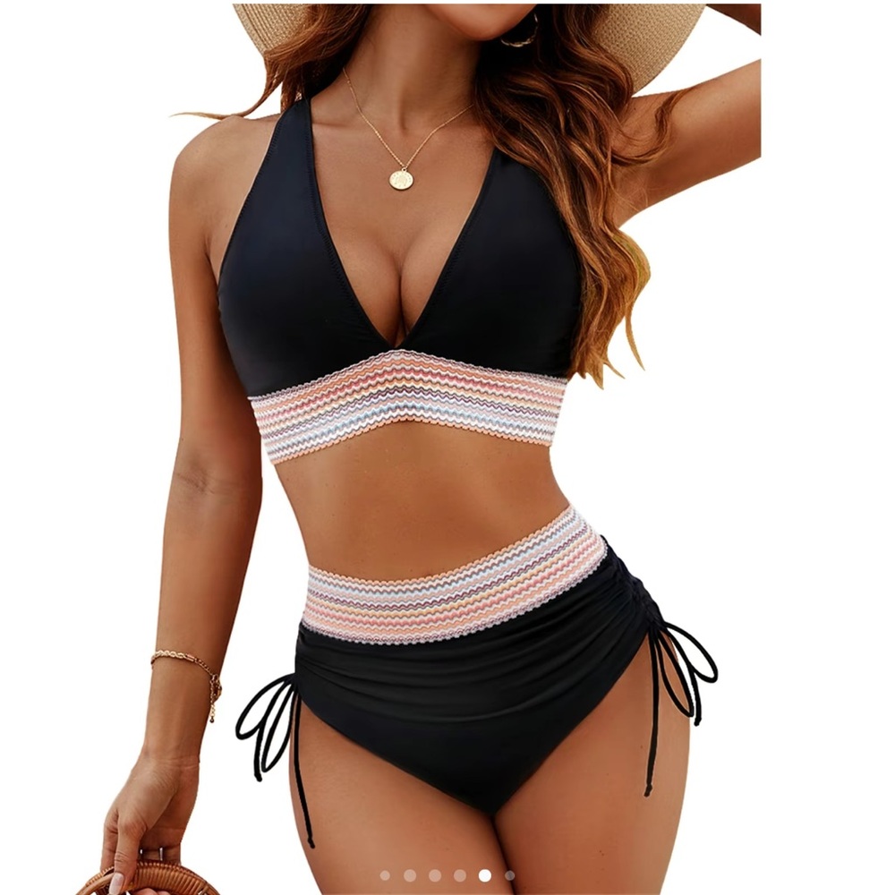 Women's Black and Pink High Waisted Bikini Set